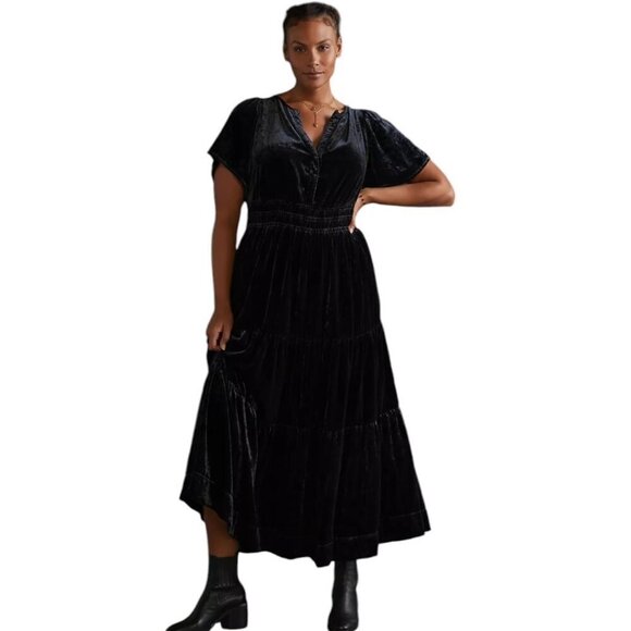 Anthropologie Somerset Velvet Maxi Dress with Pockets in Black Size 2X - Picture 1 of 10